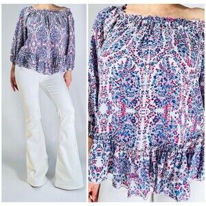 Rebecca Taylor Blue Paisley Blouse 100% Silk Swing Top Off Shoulder Size 6